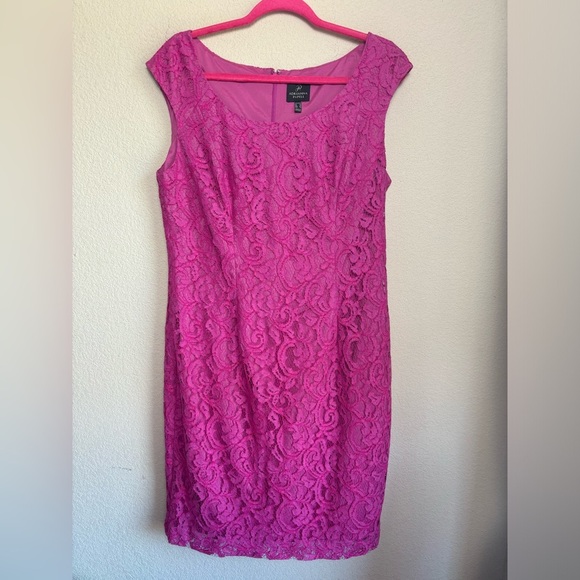 Adrianna Papell Pink Lace Overlay Round Neck Cap Sleeve Sheath Cocktail Dress 14 - Picture 2 of 10